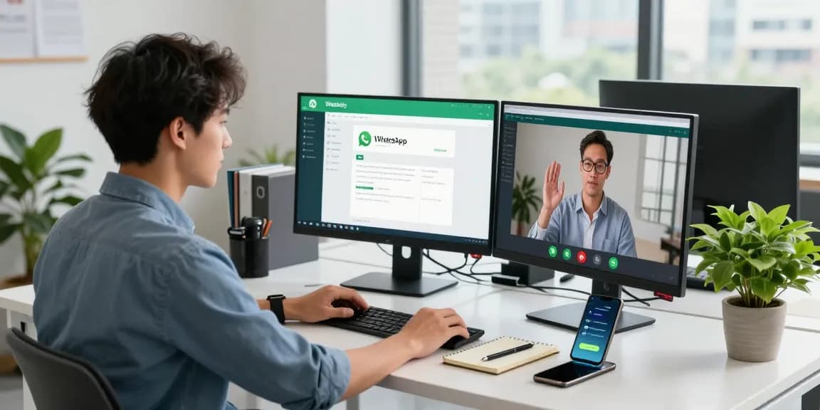 Young professional using WhatsApp網頁版 on dual monitors in a modern office.