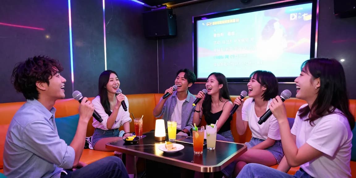 강남가라오케에서 친구들과 즐거운 시간을 보내는 모습, 화려한 조명과 아늑한 공간이 특징입니다.