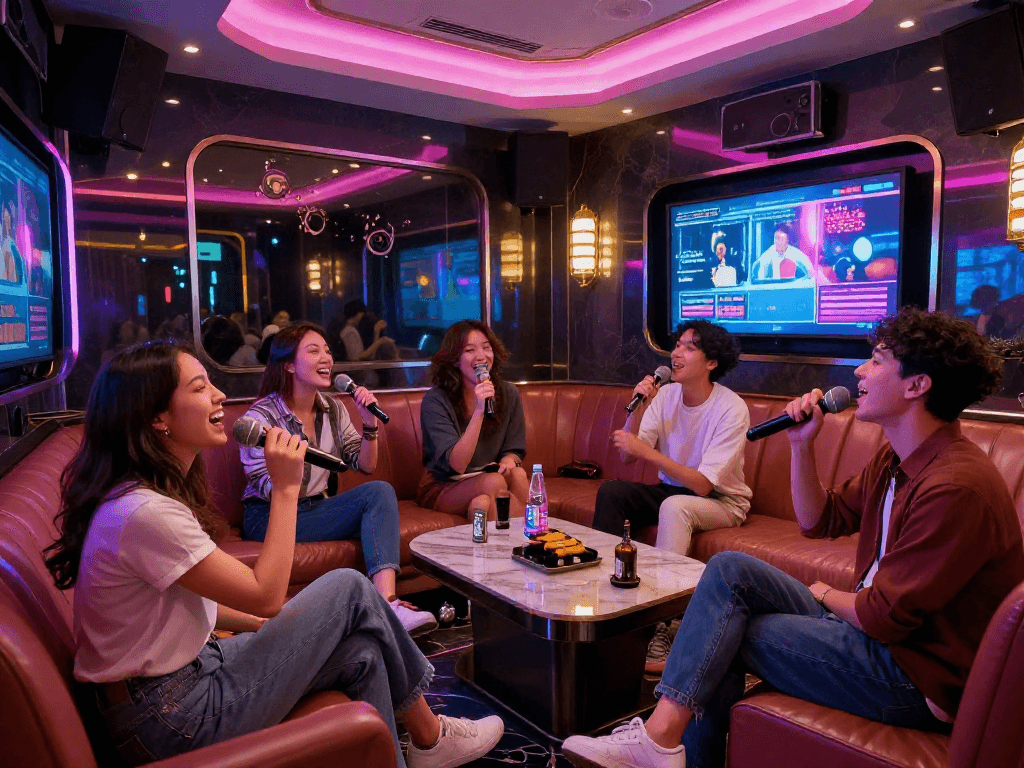 강남 가라오케 gangnam-karaoke.kr에서 친구들과 함께 노래를 부르는 즐거운 순간을 보여주는 사진