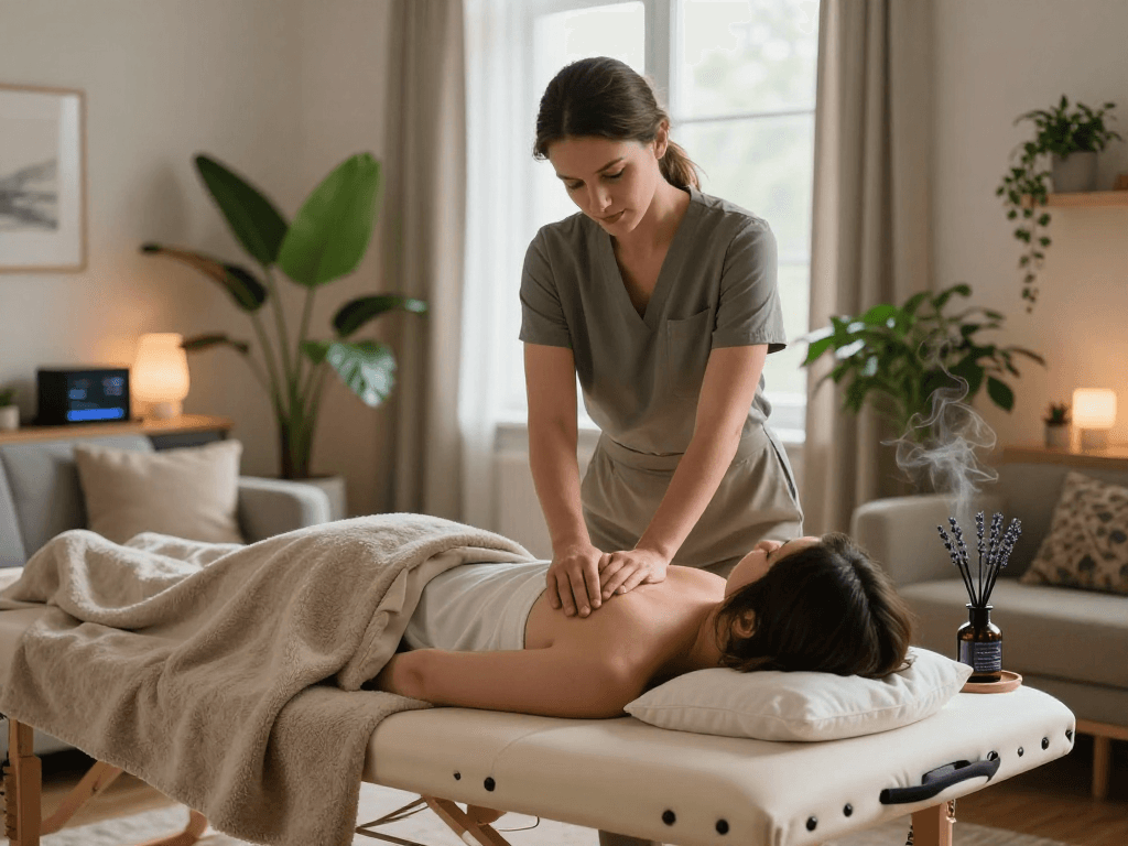 Seoul출장마사지 offers relaxing in-home massage services, with a therapist in a cozy living room.