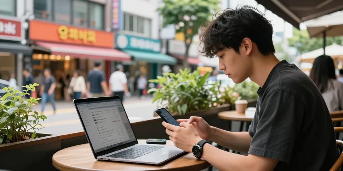 Engaged individual researching 오피사이트 services at a lively café.