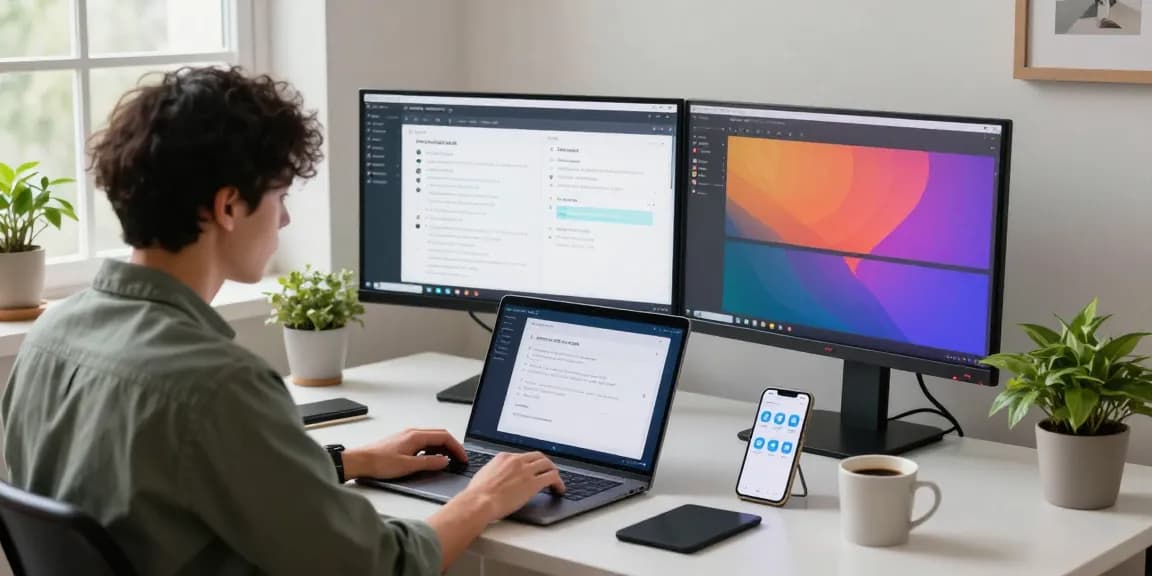 Configuring Telegram Chinese settings in a modern home office with dual monitors and relaxed atmosphere.