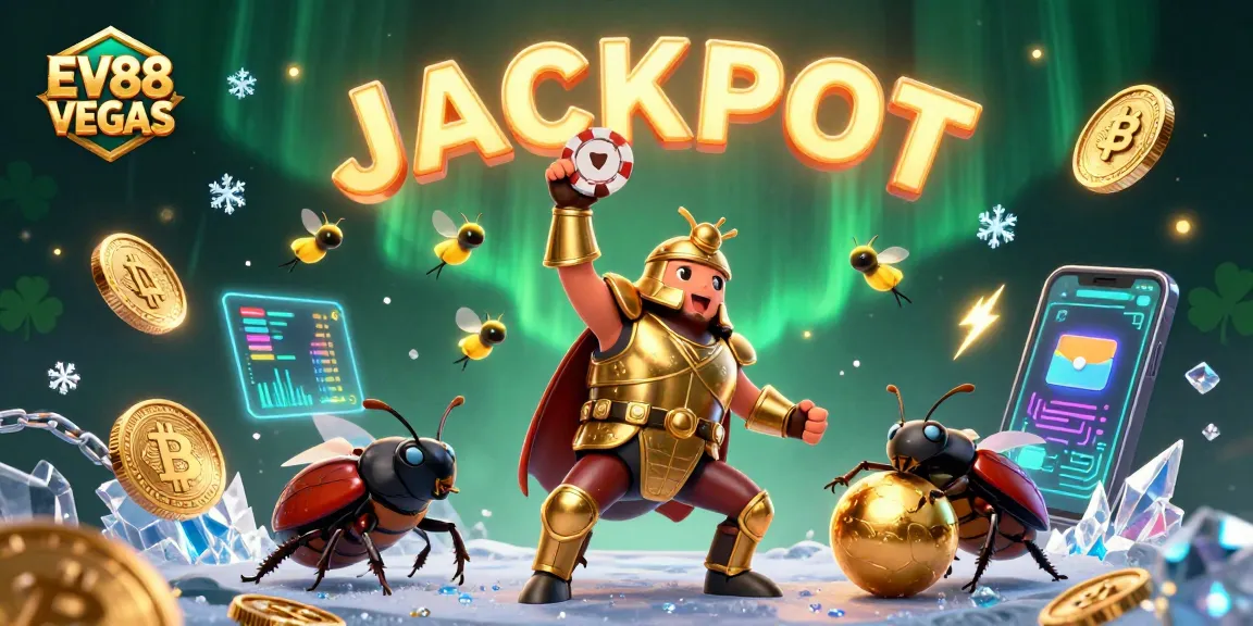 Play to win at EV88 VEGAS with a victorious beetle lifting a poker chip, surrounded by crypto coins.