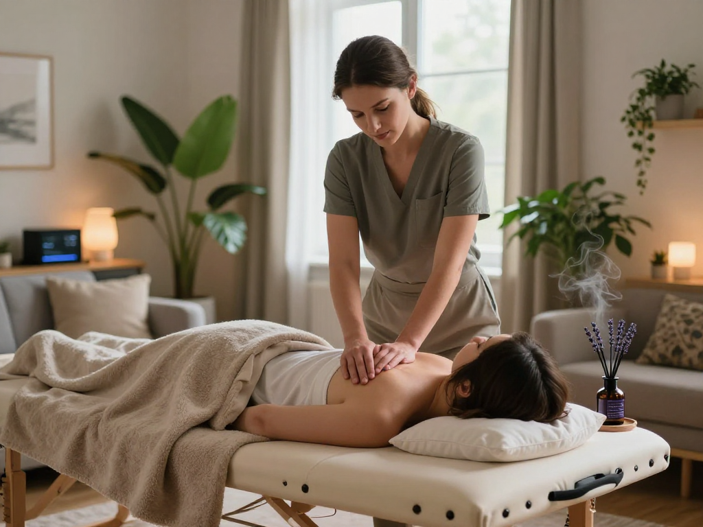 Seoul출장마사지 offers relaxing in-home massage services, with a therapist in a cozy living room.