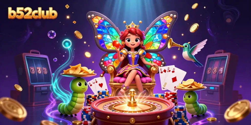 Play exciting games at b52club with colorful slots and coins sparkling around the butterfly queen.