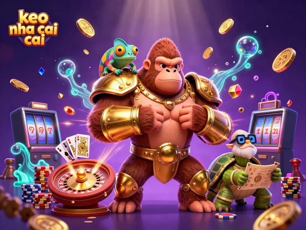 Experience keo nha cai action with vibrant casino characters amid cascading coins and games.