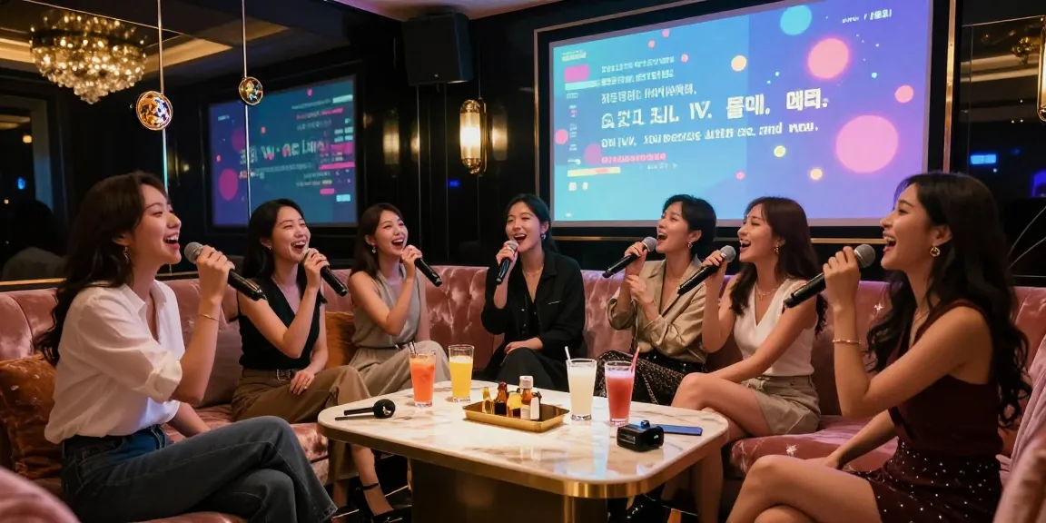 강남가라오케의 프라이빗 룸에서 친구들이 노래를 부르는 즐거운 모습