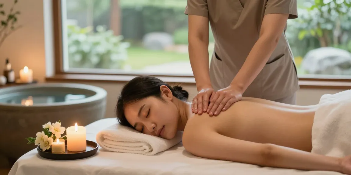 서울출장마사지 중인 고객과 마사지 치료사, 편안한 분위기의 스파 환경을 보여줍니다.