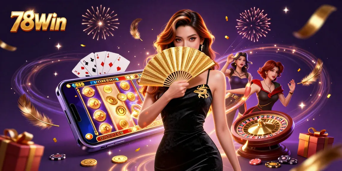 Engage with thrilling 78Win gaming experience featuring a stunning Asian lady amidst slot games and gold.