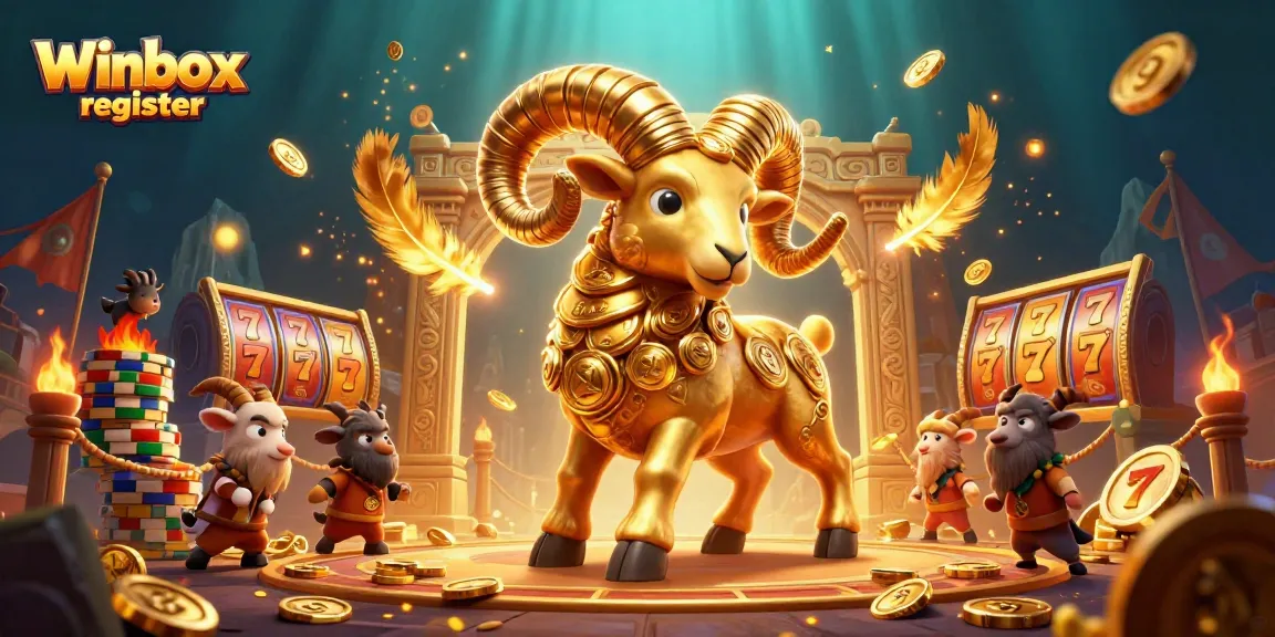 Join the excitement at Winbox register with golden ram and slot elements in this vibrant 3D scene.