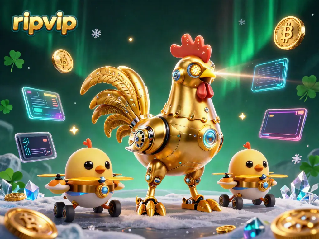 Experience ripvip's vibrant online casino with a retro-futuristic golden rooster and flying drones.