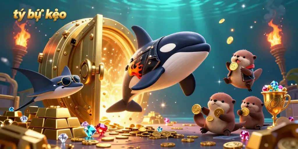 Bettors enjoy a vibrant tidal celebration of winning with tỷ lệ kèo, surrounded by riches, highlighted by gleaming coins and captivating characters.