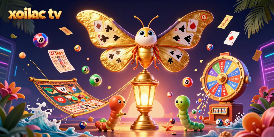 Xoilac TV showcases impressive wins with dynamic lottery and casino visuals of vibrant game elements.