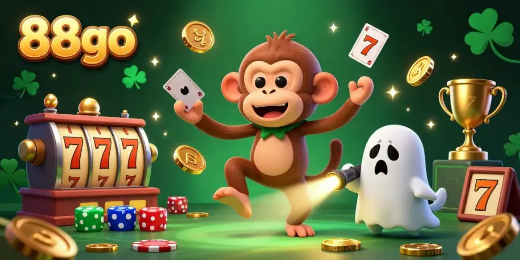 Experience the thrill of 88go with a playful scene of a mischievous monkey juggling in a casino.