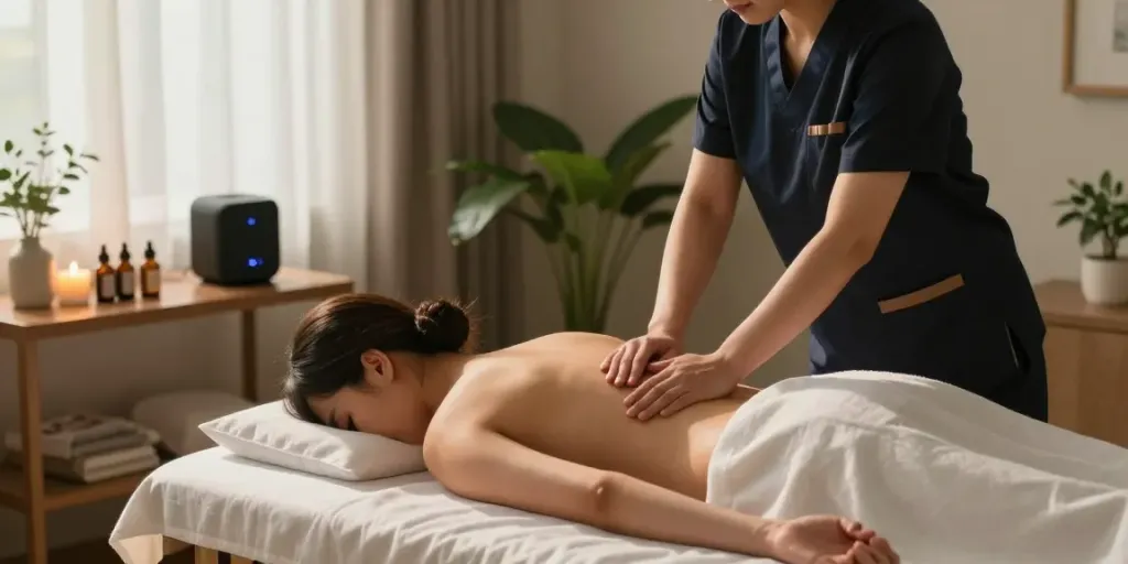마포출장안마 service in a serene setting with a professional therapist and relaxing atmosphere.