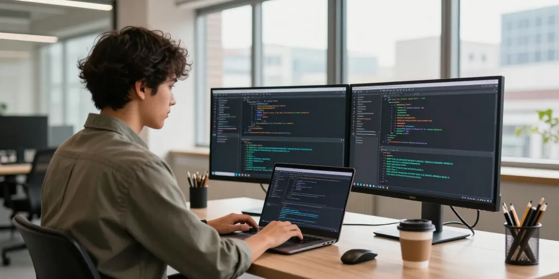 https://siren.clickn.co.kr/ 소프트웨어 개발자가 도시를 배경으로 코딩하는 현대적인 사무실 환경