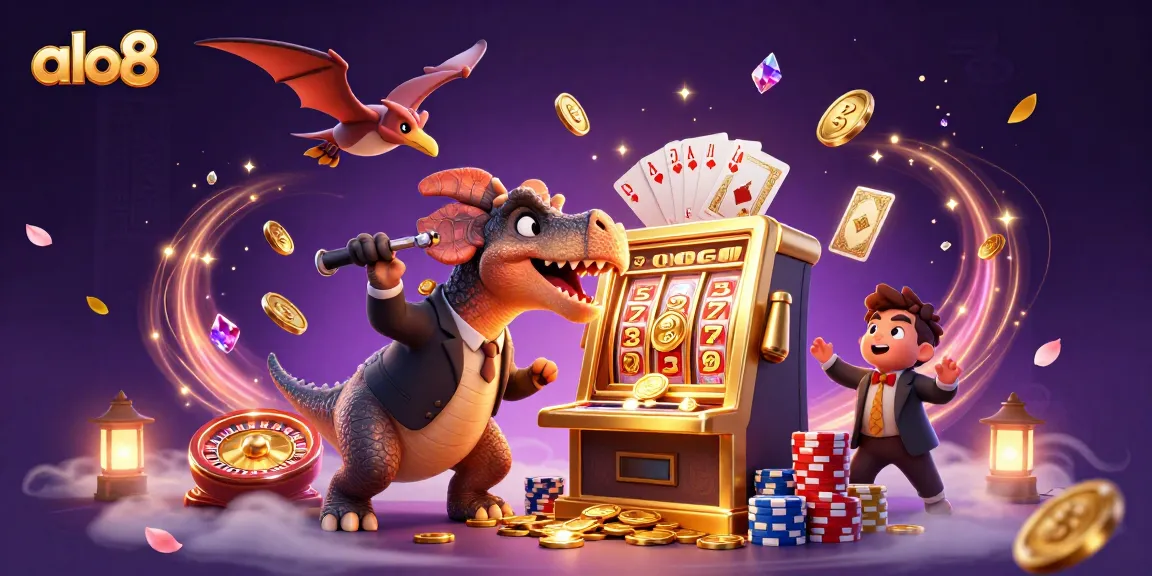 Watch alo8's pachycephalosaurus win coins from a golden slot machine in a lively casino scene.