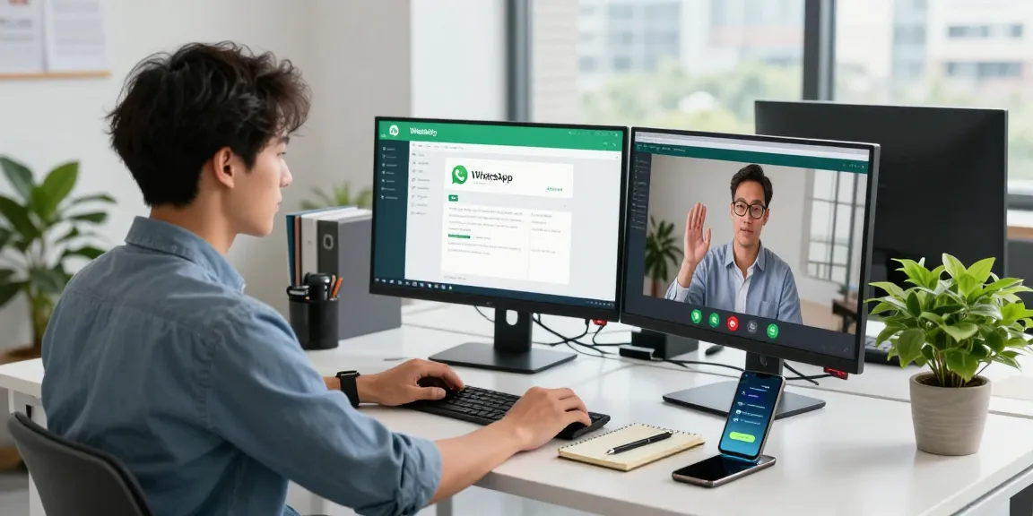 Young professional using WhatsApp網頁版 on dual monitors in a modern office.