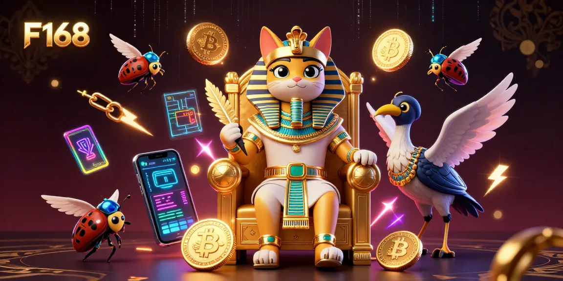 Experience thrilling gameplay at F168 with a rich scene featuring the pharaoh cat and crypto elements.