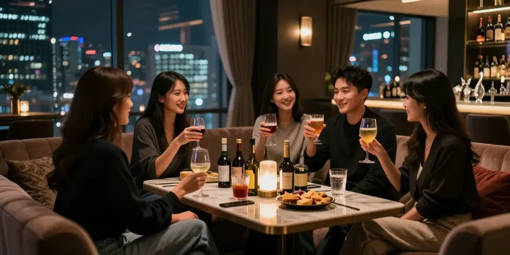 강남구구단 쩜오의 고급스러운 독립 룸에서 친구들이 음료를 즐기는 모습.