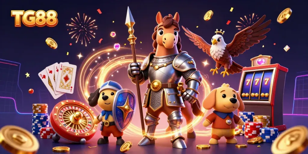 Experience the excitement of TG88 with dynamic casino game elements and characters in action.