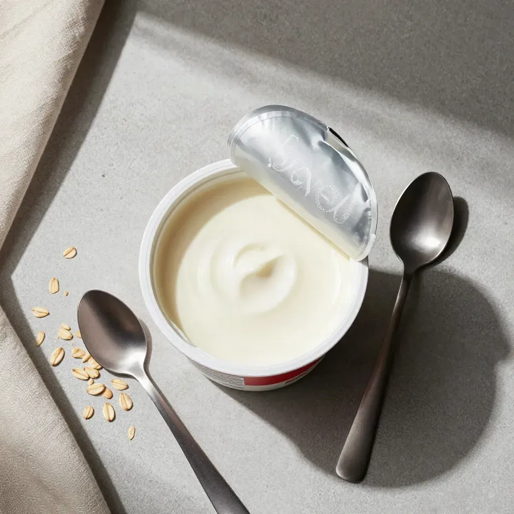 열린 플레인 요거트 통과 스푼, 오트밀, 린넨이 콘크리트 위에 놓인 플랫레이