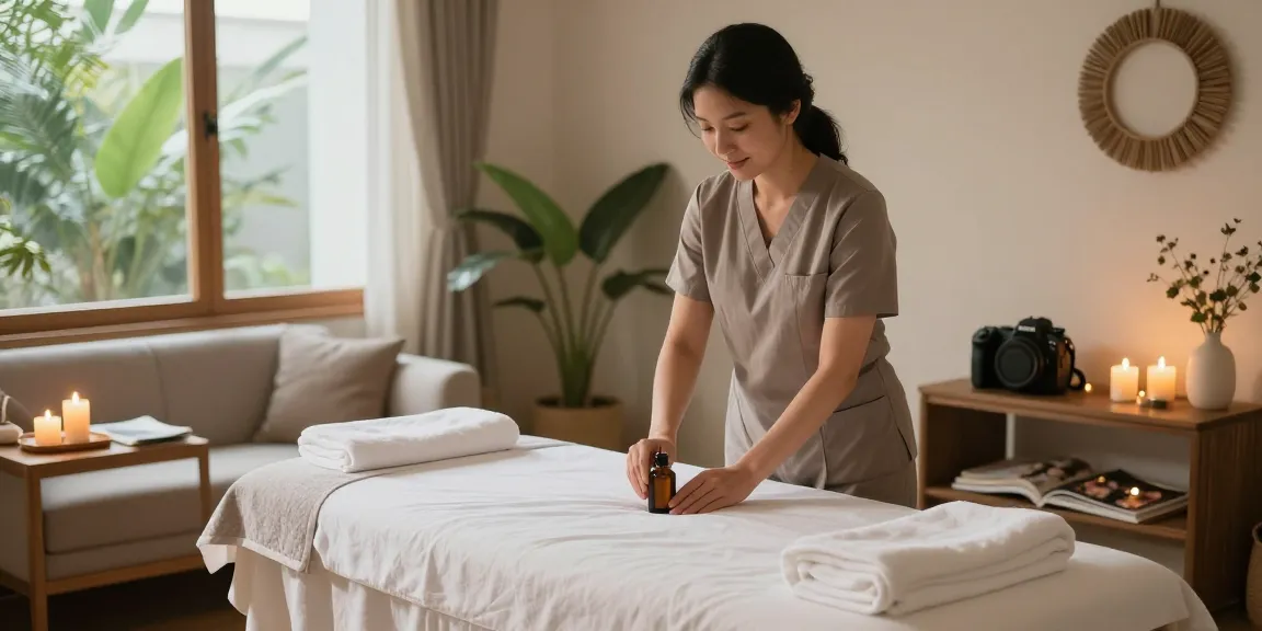1인샵 마사지 시술실, 편안한 분위기에서 마사지 준비하는 관리사