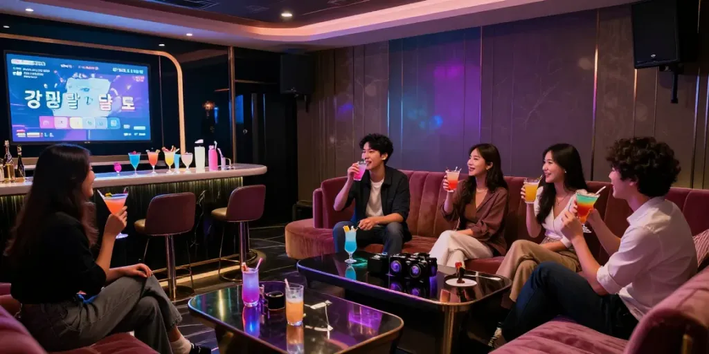 강남달토의 화려한 밤, 스타일리시한 카라오케 라운지의 분위기와 손님들이 즐기는 모습