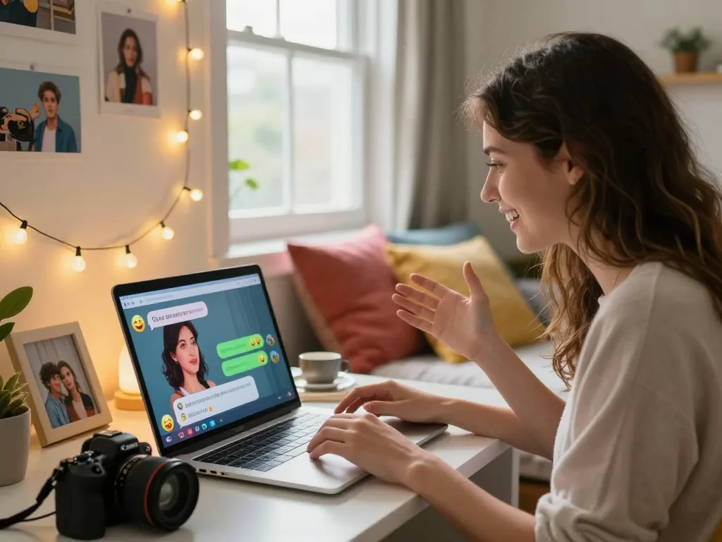 Engaging conversation with girlfriend ai on a cozy bedroom laptop setup.