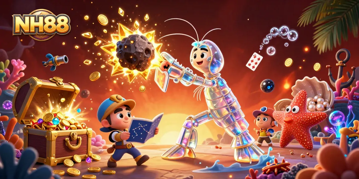 Experience the thrilling world of NH88 with galactic characters, treasures, and casino elements in vibrant 3D style.