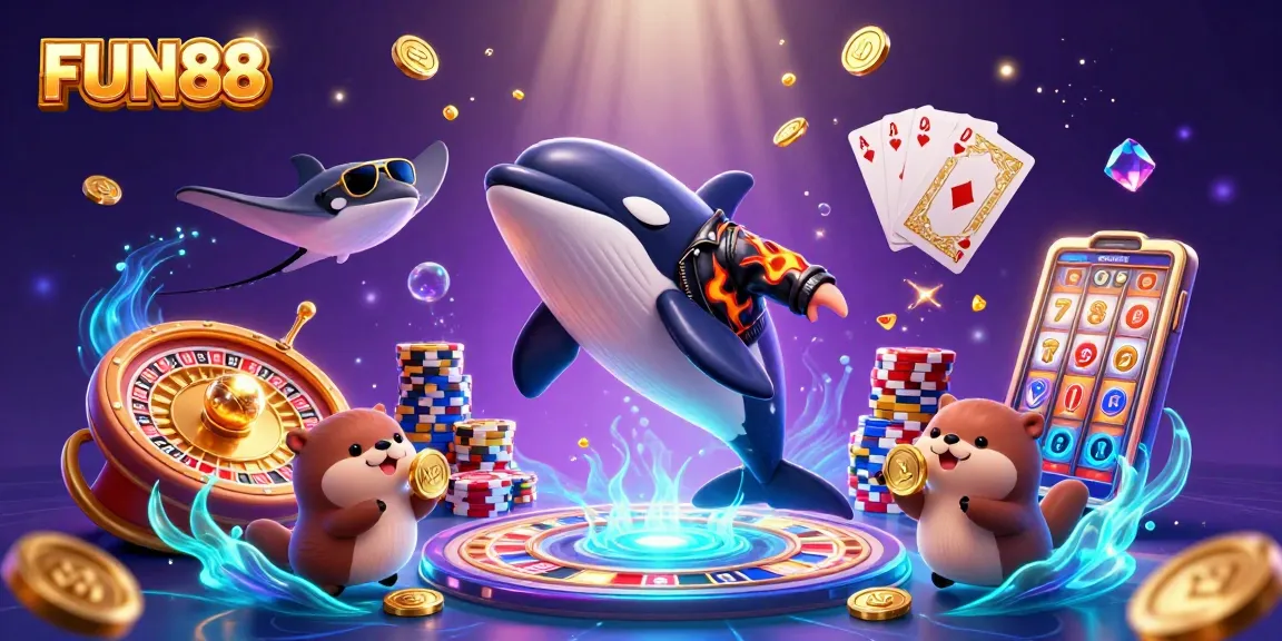 Engage in thrilling fun at FUN88 with our vibrant gaming scene featuring cartoon characters and shining jackpots.