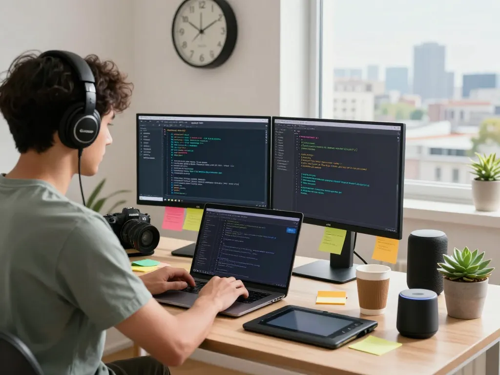 Developer using Clawdbot AI in a vibrant home workspace with coding screens and tech gadgets.