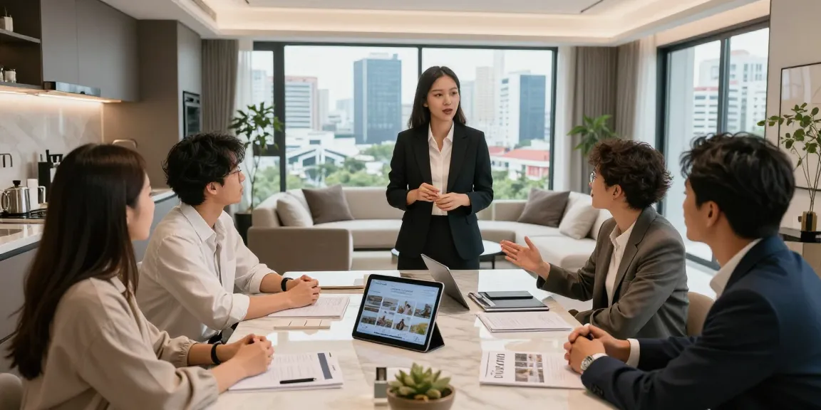하노이 부동산의 고급 아파트를 소개하는 부동산 에이전트와 구매자들