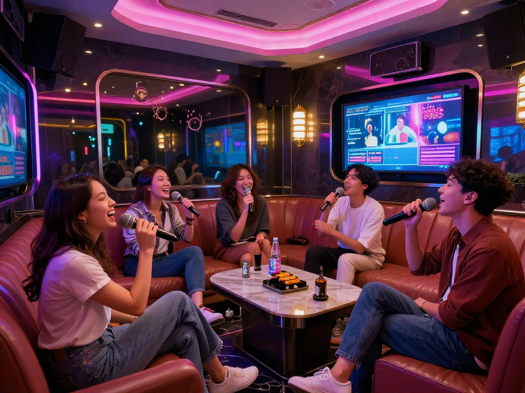 강남 가라오케 gangnam-karaoke.kr에서 친구들과 함께 노래를 부르는 즐거운 순간을 보여주는 사진