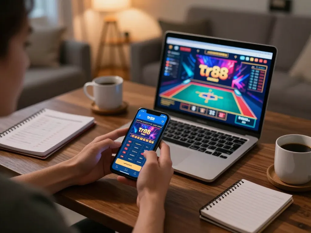 Engaging with tr88 bet app on a smartphone for online gambling, emphasizing strategy and convenience.
