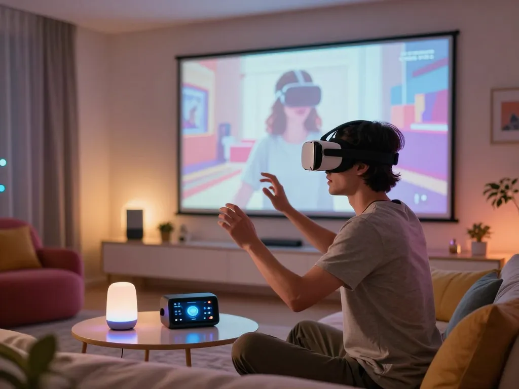 Exploring ai sex through immersive virtual reality interaction in a cozy tech space.