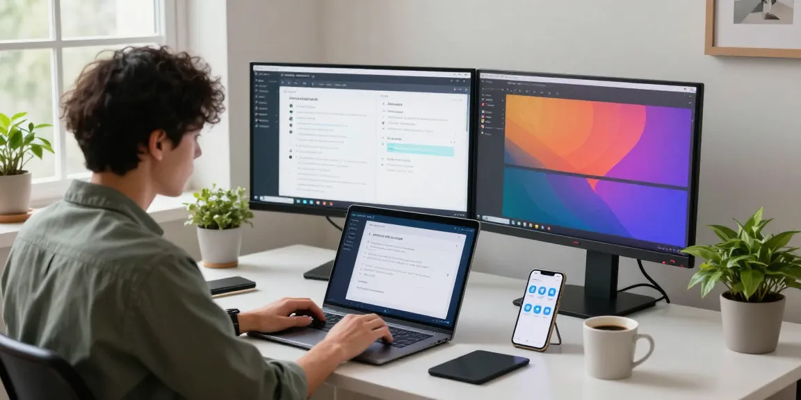 Configuring Telegram Chinese settings in a modern home office with dual monitors and relaxed atmosphere.