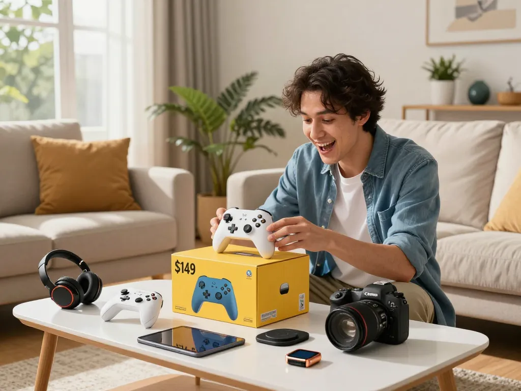 Excited individual unboxing cool tech gadgets under $149 in a stylish living room, showcasing Bluetooth tech and smart devices.