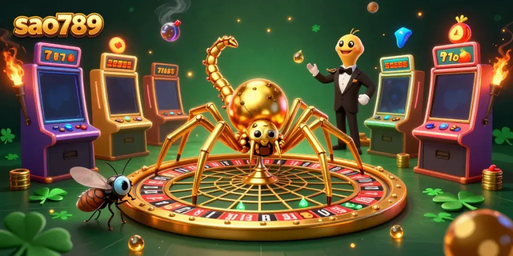 Sao789's vibrant casino illustration showcases a spider croupier and colorful slot machines spinning bets.