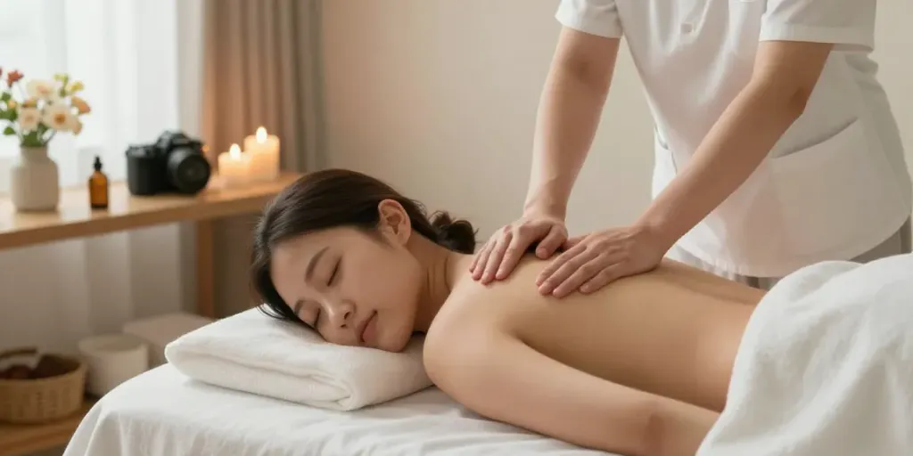 오산출장안마을 받는 여성과 편안한 마사지 환경